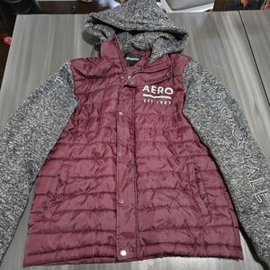 Aeropostale Maroon and Gray Bomber Puffer Jacket Size M